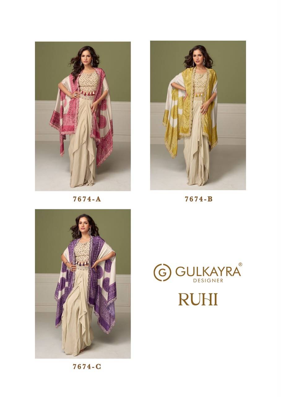 RUHI By Gulkayra Designer 7674 Series Stylish Fancy Colorful Beautiful Party Wear & Ethnic Wear Collection Chinnon Tops With Bottom And Jacket At Wholesale Price